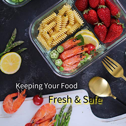  8 Pack Glass Meal Prep Containers 3 Compartment, Glass Food Storage Containers With Lids, Airtight Glass Lunch Bento Boxes, BPA-Free & Leak Proof (8 Lids & 8 Containers) - Grey