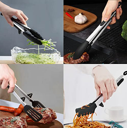  4 Pack Silicone Kitchen Cooking Tongs Set, Stainless Steel Nonstick Food Tong With BPA Free Silicone Tips For Serving Pasta Spaghetti Steak Pie Pizza Salad Vegetable Fruit Grilling BBQ Buffet 9" & 12"
