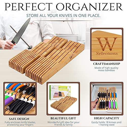  Bamboo Knife Drawer Organizer Insert - Kitchen Storage Holder For [18~26 Knives & 1~2 Honing Steel] Organization - Saves Countertop Space & Made Of Premium Quality Moso Bamboo