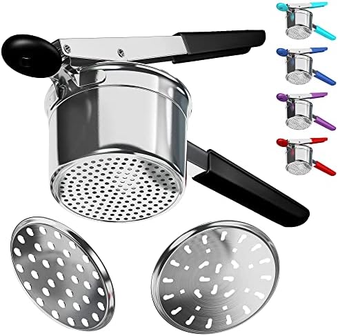  Potato Ricer Stainless Steel With 3 Interchangeable Fineness Discs, Ricer Kitchen Tool For Mashed Potatoes, Cauliflower Rice Maker Masher, Gnocchi Potatoe Spaetzle Press Patoto Masher (Red)