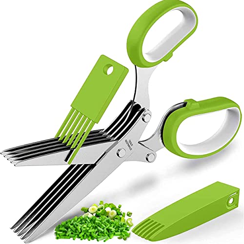  Erb Salad Scissors With 5 Blades And Cover - Cool Kitchen Gadgets - Cutter, Salad Chopper And Mincer - Sharp Heavy Duty Shears For Cutting, Shredding And Cooking Fresh Garden Herbs
