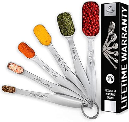  Measuring Spoons Set - 6 Piece Stainless Steel Measuring Spoons - Easy To Read, Etched Markings & Slim Design For Narrow Spice Jars - Heavy Duty Tablespoon Measure Spoon With Removable Clasp