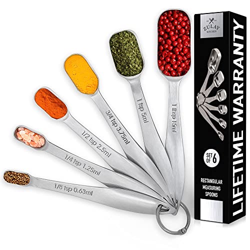  Measuring Spoons Set - 6 Piece Stainless Steel Measuring Spoons - Easy To Read, Etched Markings & Slim Design For Narrow Spice Jars - Heavy Duty Tablespoon Measure Spoon With Removable Clasp