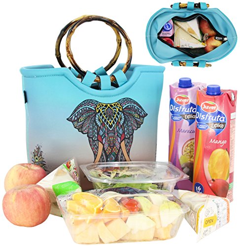  Lunch Bag Tote Bag By QOGiR - Large Reusable Insulated Neoprene Lunch Bag With Inside Pocket (Elephant)