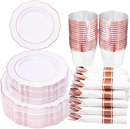  50 Guest Gold Plastic Plates With Disposable Cutlery& Gold Plastic Cups-Square Plastic Plates-Gold Plastic Utensils Set And Napkins For Wedding& Parties