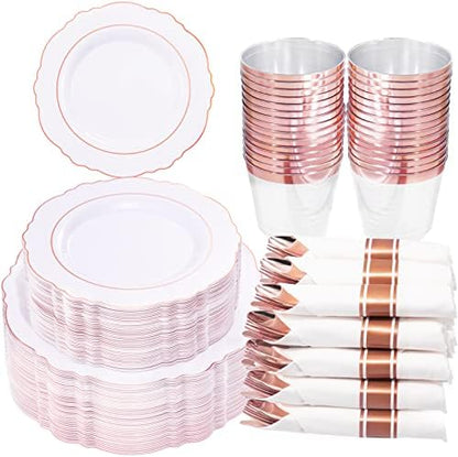  50 Guest Gold Plastic Plates With Disposable Cutlery& Gold Plastic Cups-Square Plastic Plates-Gold Plastic Utensils Set And Napkins For Wedding& Parties