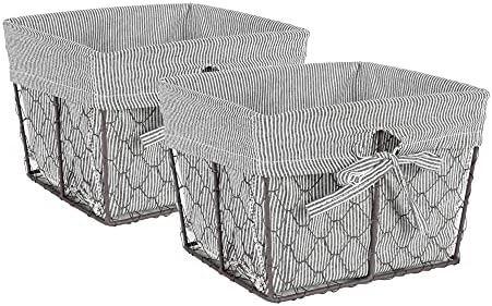  Farmhouse Chicken Wire Storage Baskets With Liner, Medium, Antique French Blue Gingham Check, 11x7.88x7", 2 Piece