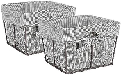  Farmhouse Chicken Wire Storage Baskets With Liner, Medium, Antique French Blue Gingham Check, 11x7.88x7", 2 Piece