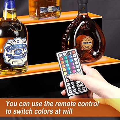  LED Lighted Liquor Bottle Display Shelf 16 Inch 2 Step Illuminated Bottle Shelf 2 Tier Home Bar Drinks Commercial Lighting Shelves With Remote Control (2 Tier, 16 Inch)
