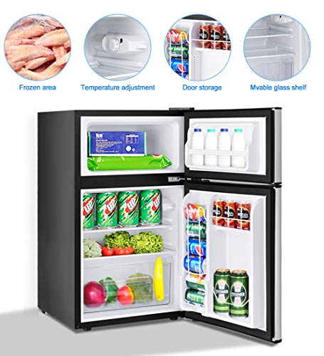  3.2 Cu.FT Mini Fridge With Freezer, Dual Door Refrigerator With Adjustable Temperature & Removable Glass Shelves, Mini Fridge For Dorm, Office, Bedroom, Kitchen(Grey)