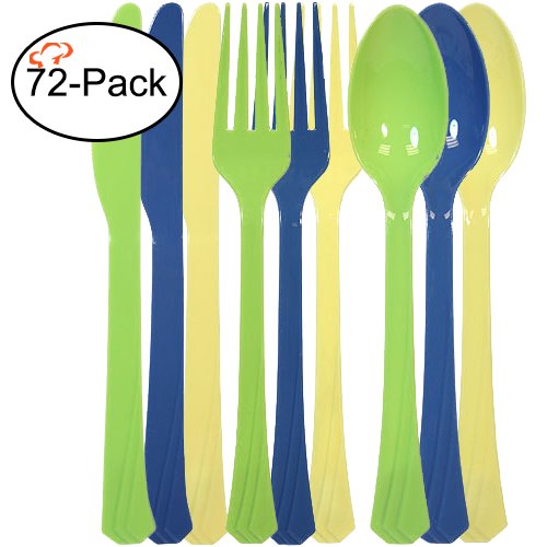  72-Pack Plastic Cutlery Set Heavy Duty Colored Plastic Silverware Set Includes 24 Forks, 24 Teaspoons, And 24 Knives In Lime Green, Island Blue And Pearl…