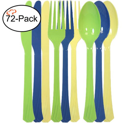  72-Pack Plastic Cutlery Set Heavy Duty Colored Plastic Silverware Set Includes 24 Forks, 24 Teaspoons, And 24 Knives In Lime Green, Island Blue And Pearl…