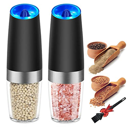  Electric Salt And Pepper Grinder Set, Automatic Gravity Salt And Pepper Mill With Adjustable Coarseness, Salt And Pepper Shakers Battery Powered With LED Light, One Hand Operation