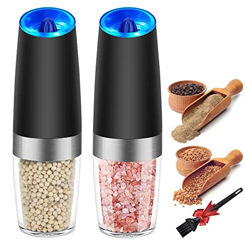  Electric Salt And Pepper Grinder Set, Automatic Gravity Salt And Pepper Mill With Adjustable Coarseness, Salt And Pepper Shakers Battery Powered With LED Light, One Hand Operation