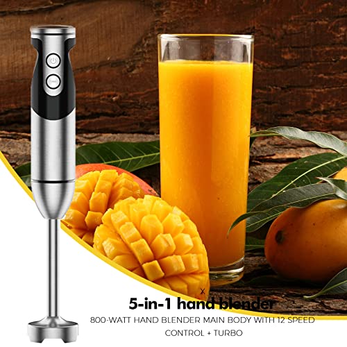  3-in-1 Immersion Hand Blender, Powerful 800 Watt 12-Speed Stick Blender With Sturdy Titanium Plated Stainless Steel Blades