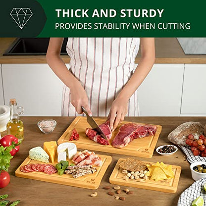  Ooden Cutting Boards For Kitchen Meal Prep & Serving - Bamboo Wood Cutting Board Set With Deep Juice Groove Side Handles - Charcuterie & Chopping Butcher Block For Meat - Kitchen Gadgets Gift (3 Pcs)