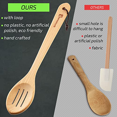  Wooden Spoons For Cooking Kitchen Utensils Set Of 5 Cooking Spoons And Spatula - Natural Beechwood For Nonstick Cookware Heat Resistant Wood Spoons