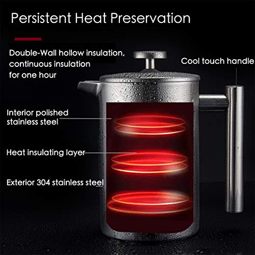  French Press Coffee Maker Stainless Steel Double Wall Insulated Large Capacity 1 Liter 1000ml 34oz 8Cup And Dishwasher Safe Metal Coffee-Press For Camping Travel Silver