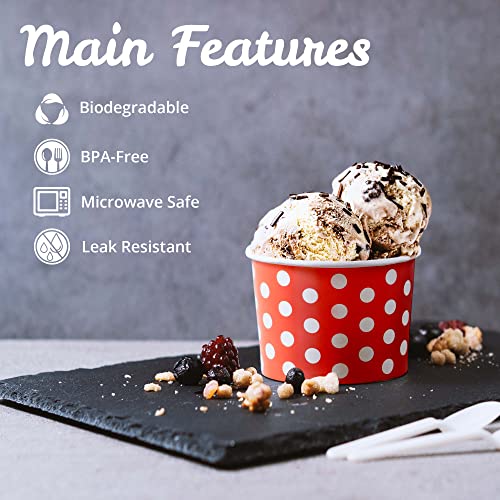  Paper Ice Cream Cups - 50-Count 4-Oz Disposable Dessert Bowls For Hot Or Cold Food, 4-Ounce Party Supplies Treat Cups For Sundae, Frozen Yogurt, Soup, 5 Colors, Polka Dots