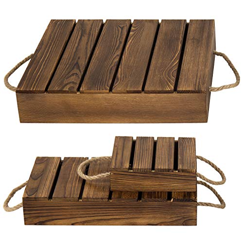  Burnt Wood Rustic Cake Stand Risers For Display, Wooden Pallets Style Tiered Dessert Stand, Cupcake Display Boxes With Rope Handles, Set Of 3