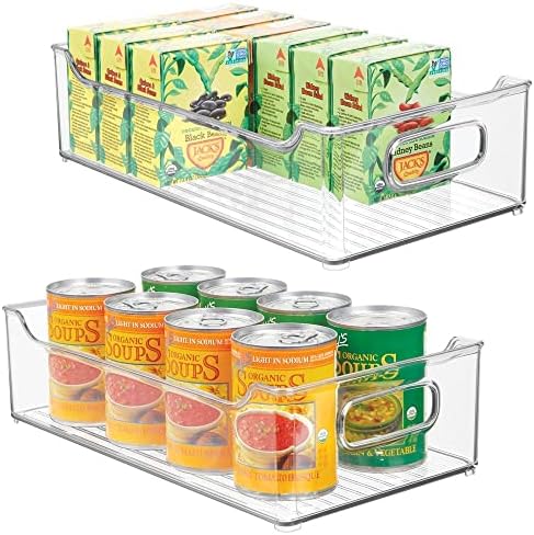  Slim Stackable Plastic Storage Organization Bin With Handles For Kitchen Cabinet, Pantry, Shelf, Refrigerator, Home Organizer For Fruit, Potatoes, Onions, Drinks, Snacks, Pasta, 2 Pack, Clear