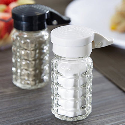  Moisture Proof Salt & Pepper Shakers - 1.5 Oz - Glass W/Black & White Lids Spring Loaded, No Clog, Set Of 2