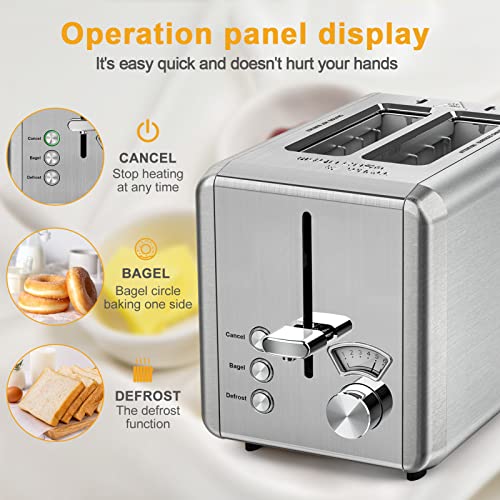  WHALL Toaster 2 Slice Stainless Steel Toasters With Bagel, Cancel, Defrost Function, 1.5in Wide Slot, 6 Shade Settings, Removable Crumb Tray, High Lift Lever, For Various Bread Types (850W)