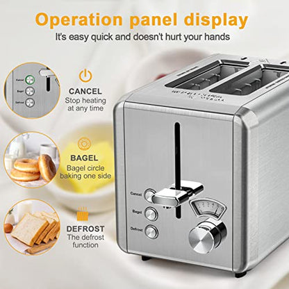  WHALL Toaster 2 Slice Stainless Steel Toasters With Bagel, Cancel, Defrost Function, 1.5in Wide Slot, 6 Shade Settings, Removable Crumb Tray, High Lift Lever, For Various Bread Types (850W)