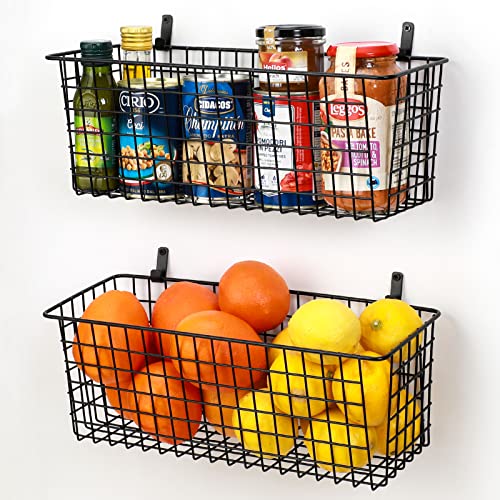  4 Set [Extra Large] Hanging Wall Basket For Storage, Wall Mount Sturdy Steel Wire Baskets, Metal Hang Cabinet Bin Wall Shelves, Rustic Farmhouse Decor, Kitchen Bathroom Organizer, Black