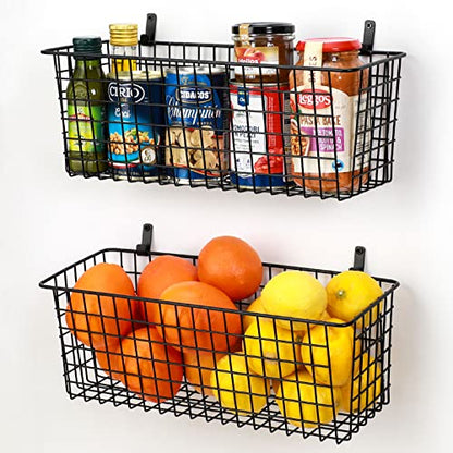 4 Set [Extra Large] Hanging Wall Basket For Storage, Wall Mount Sturdy Steel Wire Baskets, Metal Hang Cabinet Bin Wall Shelves, Rustic Farmhouse Decor, Kitchen Bathroom Organizer, Black