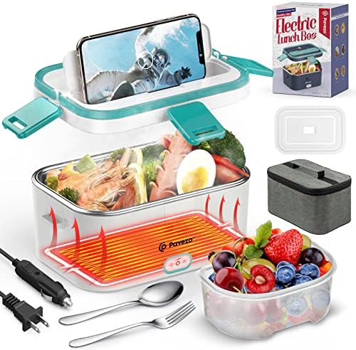  Electric Lunch Box [Faster-75W, Large-1.8L] Food Heated Lunch Box, 12V/24V/110V Food Warmer Lunch Box For Car Truck Home, With Airtight Lid, SS Container, Fork Spoon, Carry Bag