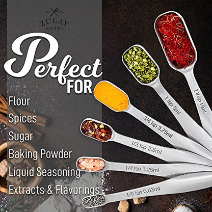  Measuring Spoons Set - 6 Piece Stainless Steel Measuring Spoons - Easy To Read, Etched Markings & Slim Design For Narrow Spice Jars - Heavy Duty Tablespoon Measure Spoon With Removable Clasp