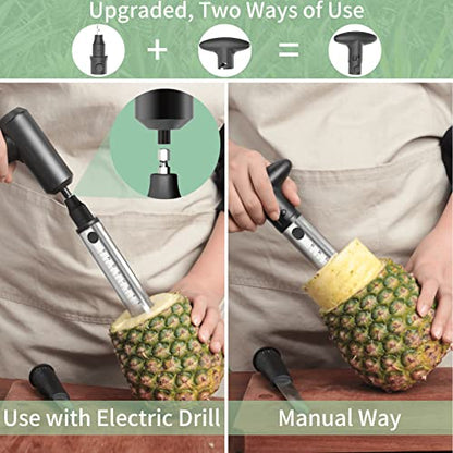  Pineapple Corer With Knife, [Upgraded, Electric & Manual] Stainless Steel Fruit Pineapple Cutter With Electric Drill Accessory, Pineapple Slicer Core Remover Kitchen Tool With Measure Mark