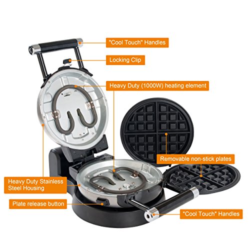  Upgrade Automatic 360 Rotating Non-Stick Belgian Waffle Maker W/Removable Plates, 17”*10“*6.05”