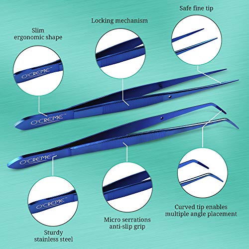  Reme Blue Stainless Steel Precision Kitchen Culinary Fine-Tip Tweezer Tongs, 1 With Curved Tip And 1 With Straight Tip