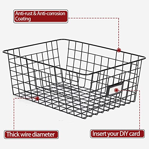  6 Pack [ Extra Large ] Wire Storage Baskets For Organizing With Lables, Pantry Organization Bins For Cabinets - Metal Basket For Kitchen, Laundry, Garage, Fridge, Bathroom Countertop Organizer, Black
