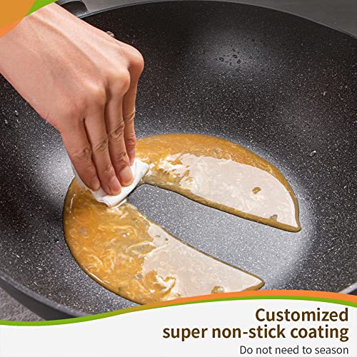 N/A Wok Stir Fry Pan With Lid, Nonstick Woks Pan 12 Inch, 100% PFOA-Free Coating, Non Stick Cooking Frying Pans With Detachable Wooden Handle, Induction Compatible, Black