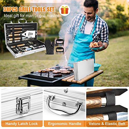 BBQ Grill Accessories Set, 38Pcs Stainless Steel Grill Tools Grilling Accessories With Aluminum Case, Thermometer, Grill Mats For Camping/Backyard Barbecue, Grill Utensils Set For Men Women