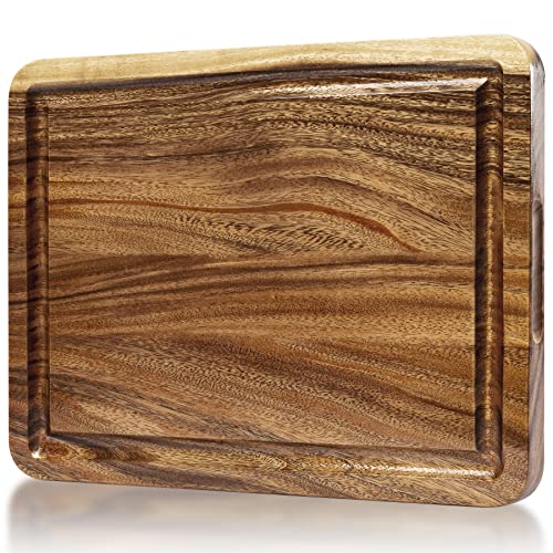  Large Acacia Wood Cutting Board, Butcher Block, Cheese Board With Juice Groove And Cracker Well - 17x13x1.25 Inch
