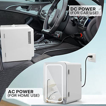  Mini Fridge 6L Capacity, Portable Small Refrigerator Cooler Or Warmer, AC DC Powered, Skincare Fridge With Mirror Door, For Food, Cosmetics, Home, Office And Car - White