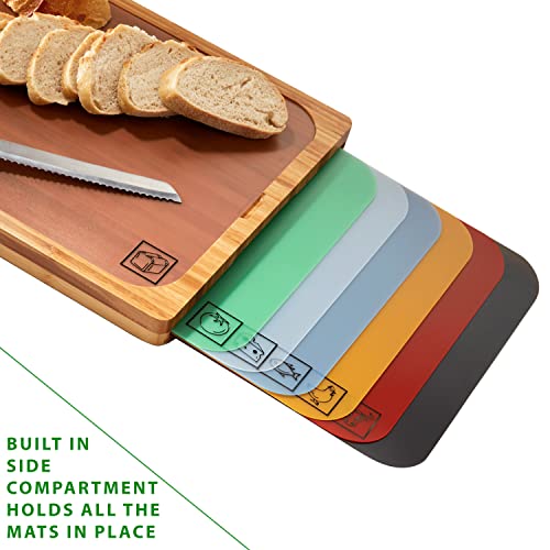  Bamboo Premium Wood Cutting Board Serving Tray W/ 7 Color-Coded BPA-Free Mats, For Chopping Bread, Cheese, Fruits, Vegetables, Meats, Charcuterie (PATENTED), Bamboo (NEW MODEL)