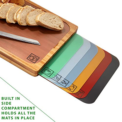  Bamboo Premium Wood Cutting Board Serving Tray W/ 7 Color-Coded BPA-Free Mats, For Chopping Bread, Cheese, Fruits, Vegetables, Meats, Charcuterie (PATENTED), Bamboo (NEW MODEL)