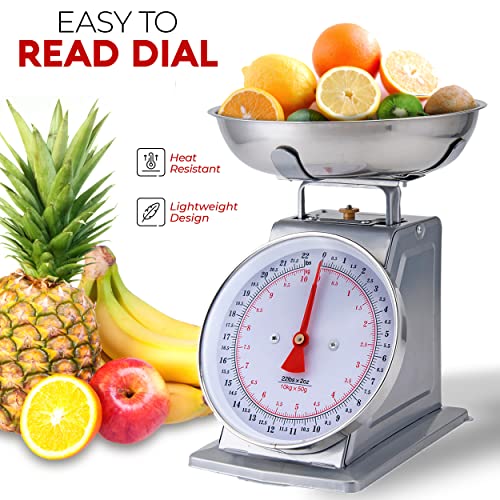  Alpine Cuisine Stainless Steel Analog Kitchen Scale Silver - Mechanical Kitchen Weighing Food Scale Weighs Up To 22 Lbs, Analog Food Scale For Kitchen - Measures Grams And Ounces - Food Weight Scale