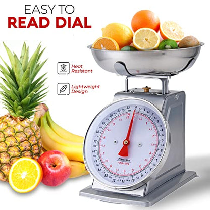  Alpine Cuisine Stainless Steel Analog Kitchen Scale Silver - Mechanical Kitchen Weighing Food Scale Weighs Up To 22 Lbs, Analog Food Scale For Kitchen - Measures Grams And Ounces - Food Weight Scale