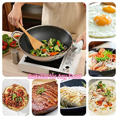  12.5” Wok Pan With Dual Honeycomb Wok Stainless Steel Wok Pan With Nonstick Coating, Frying Pans Cookware, Two Handles,Works With Induction ,Gas, Electric, Ceramic Furnace Stove, Without Lid