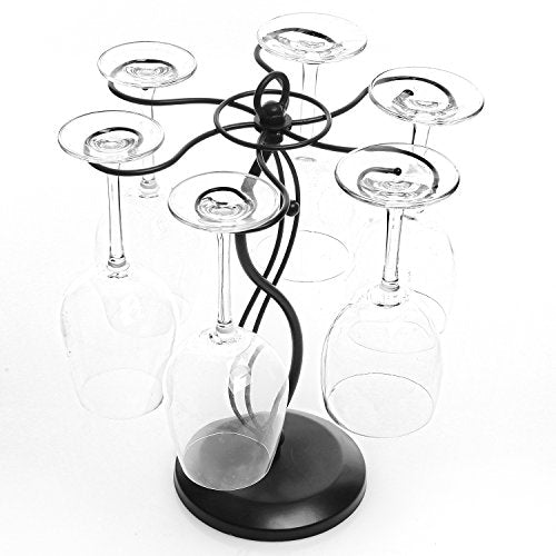  MyGift Black Metal Countertop Wine Glass Holder With Scrollwork Design, Freestanding Tabletop Stemware Storage Rack With 6 Hooks