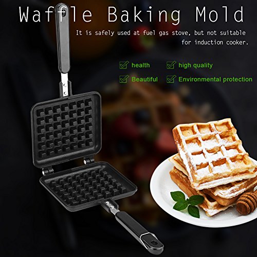  Waffle Baking Mold Pan, Non-Stick Waffle Maker Pan Mould Press Plate Cooking Baking Tool, Insulated Handle Press The Double-Side Plate, For Fuel Gas Stove (Black_Aluminum + Aluminum Alloy)