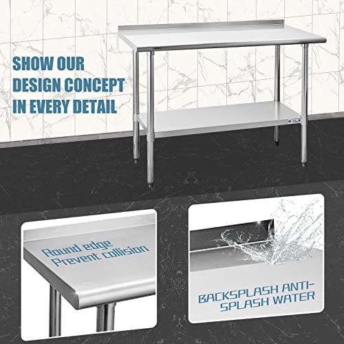  Ally Stainless Steel Table For Prep & Work 24 X 48 Inches, NSF Commercial Heavy Duty Table With Undershelf And Backsplash For Restaurant, Home And Hotel