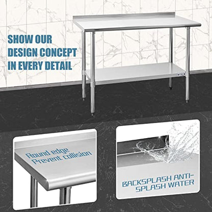  Ally Stainless Steel Table For Prep & Work 24 X 48 Inches, NSF Commercial Heavy Duty Table With Undershelf And Backsplash For Restaurant, Home And Hotel