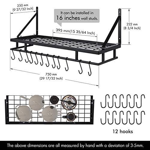  KES 30-Inch Kitchen Pan Pot Rack Wall Mounted Hanging Storage Organizer Wall Shelf With Hooks Matte Black, KUR215S75A-BK
